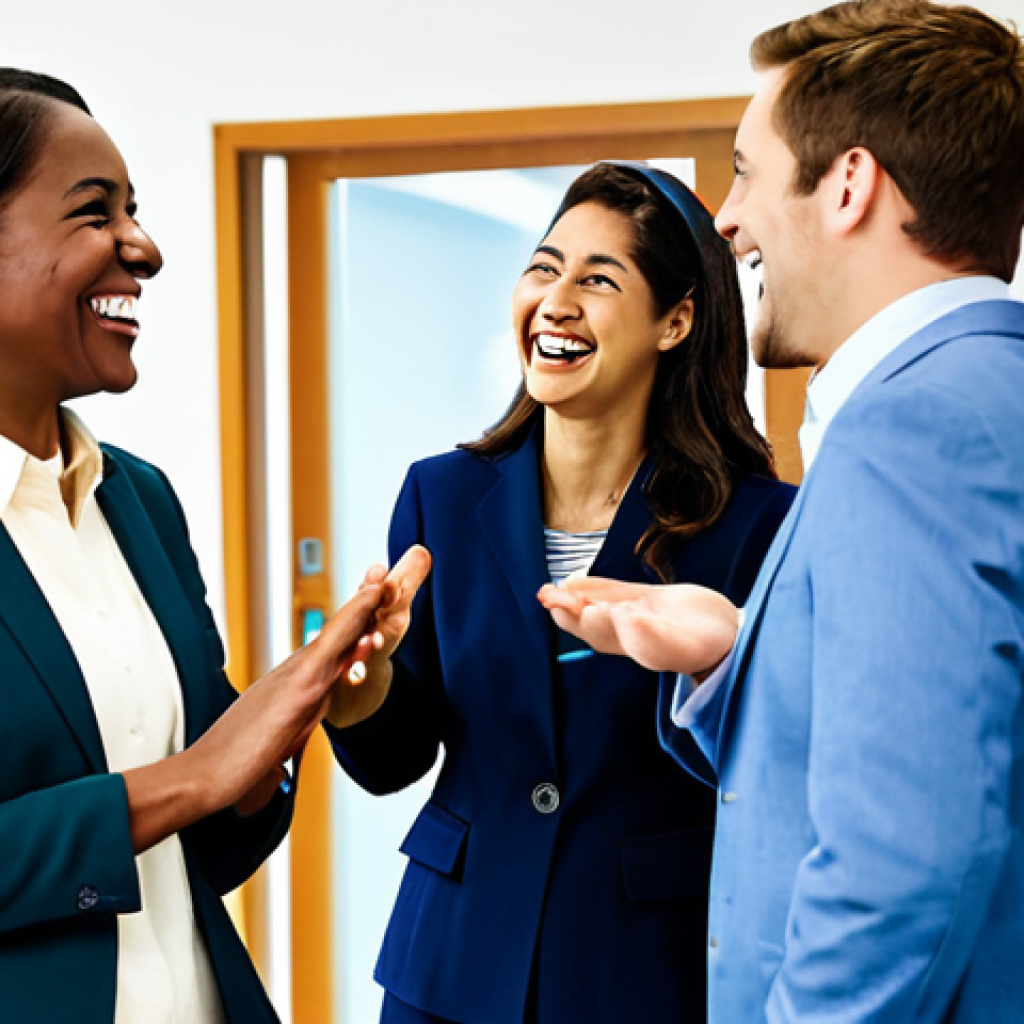 A diverse group of adults, including individuals in their 20s to 50s, professionally dressed in modest business attire, gathered in a bright, modern office break room. They are sharing a moment of lighthearted amusement, exhibiting subtle, genuine smiles and quiet chuckles, their expressions reflecting stress relief and shared joy during a short break. The scene emphasizes natural interaction and a relaxed atmosphere. safe for work, appropriate content, fully clothed, professional, perfect anatomy, correct proportions, natural pose, well-formed hands, proper finger count, natural body proportions, high-quality professional photography.