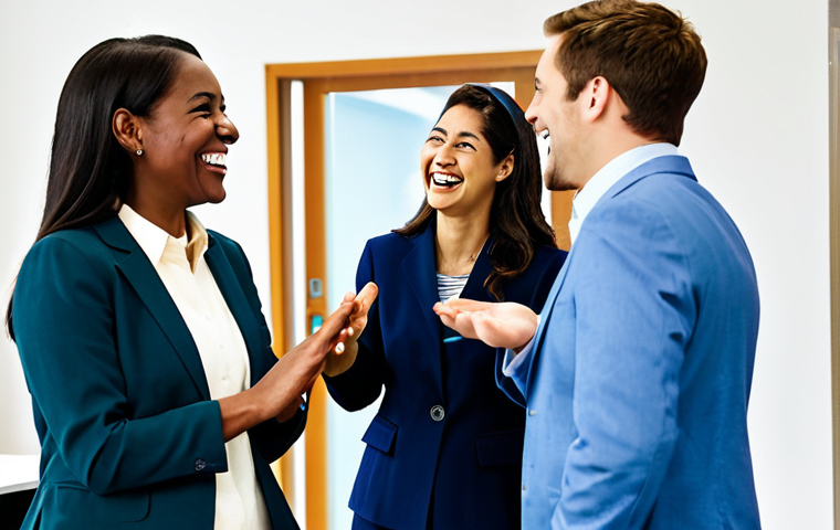 A diverse group of adults, including individuals in their 20s to 50s, professionally dressed in modest business attire, gathered in a bright, modern office break room. They are sharing a moment of lighthearted amusement, exhibiting subtle, genuine smiles and quiet chuckles, their expressions reflecting stress relief and shared joy during a short break. The scene emphasizes natural interaction and a relaxed atmosphere. safe for work, appropriate content, fully clothed, professional, perfect anatomy, correct proportions, natural pose, well-formed hands, proper finger count, natural body proportions, high-quality professional photography.