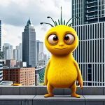 라바가 보여주는 도시적 삶의 아이러니 - Urban Playfulness**
"A vibrant yellow Larva character playfully interacting with a modern cityscape...