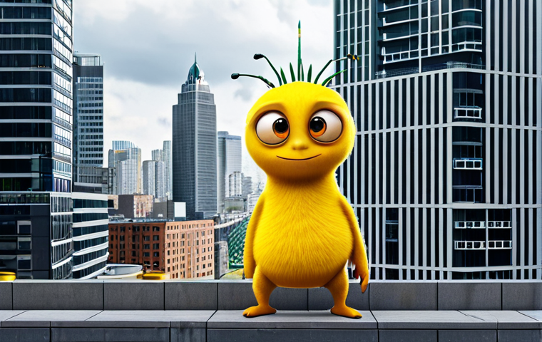 라바가 보여주는 도시적 삶의 아이러니 - Urban Playfulness**
"A vibrant yellow Larva character playfully interacting with a modern cityscape...