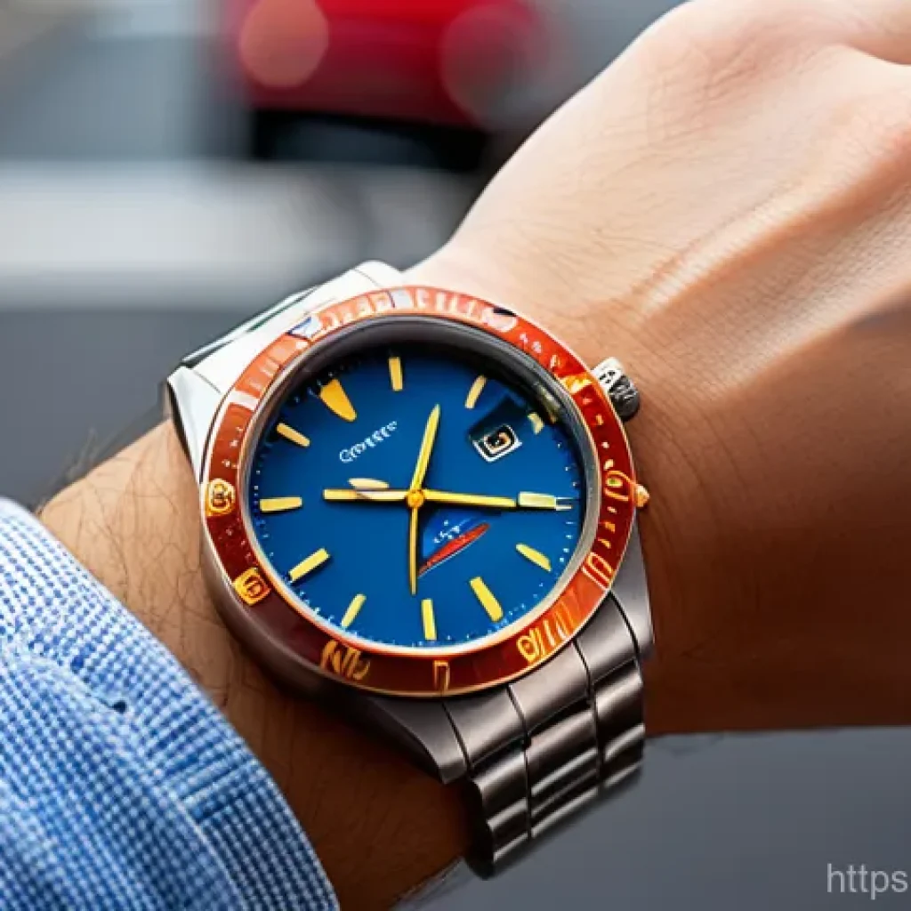 라바와 콜라보한 패션 브랜드 - A close-up shot of a wrist adorned with a vibrant, limited-edition watch, featuring playful red and ...