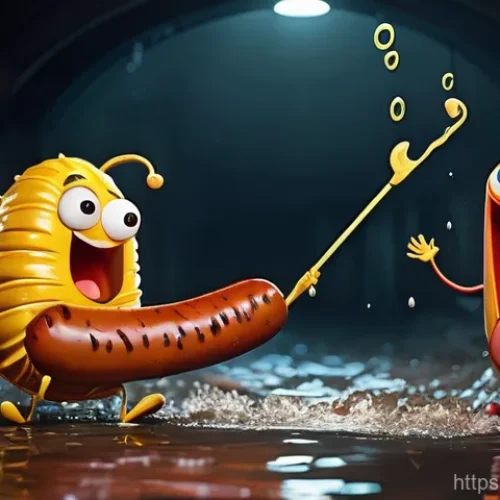 Home 21 라바의 제작진 인터뷰 주요 내용 - **Larva's Slapstick Food Fight:** A vibrant and dynamic cartoon illustration of Larva's Yellow and R...