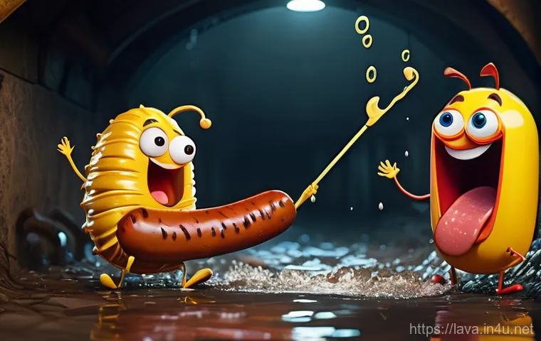 라바의 제작진 인터뷰 주요 내용 - **Larva's Slapstick Food Fight:** A vibrant and dynamic cartoon illustration of Larva's Yellow and R...