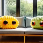 라바를 모티브로 한 DIY 아이템 - A cozy living room filled with cheerful Larva DIY items. Sunlight streams through a window, illumina...