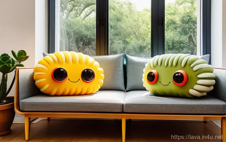 라바를 모티브로 한 DIY 아이템 - A cozy living room filled with cheerful Larva DIY items. Sunlight streams through a window, illumina...