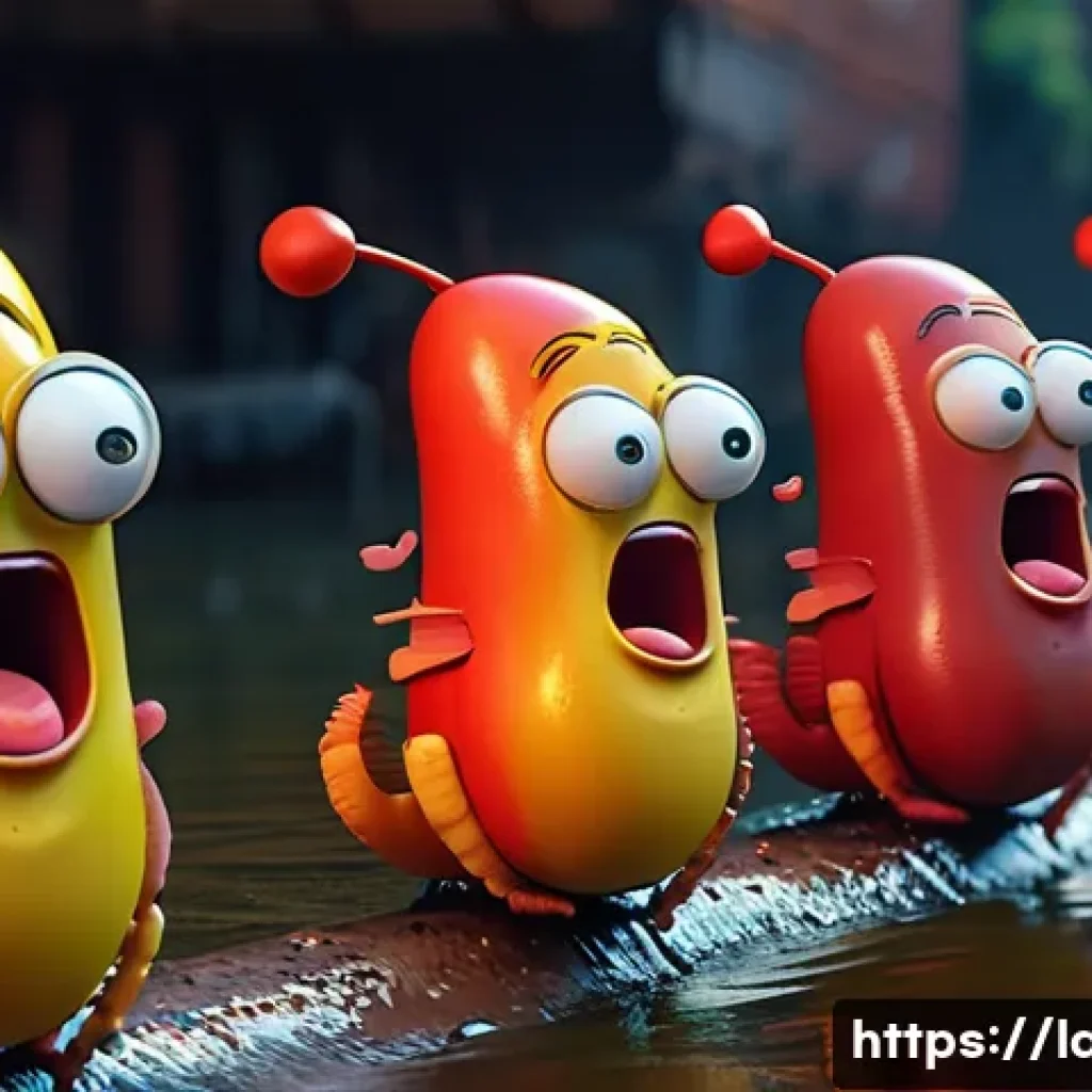 라바의 스핀오프 시리즈 - A vibrant, high-definition animated still from the original "Larva" series. Red and Yellow larvae, w...