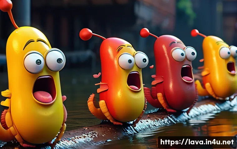 라바의 스핀오프 시리즈 - A vibrant, high-definition animated still from the original "Larva" series. Red and Yellow larvae, w...